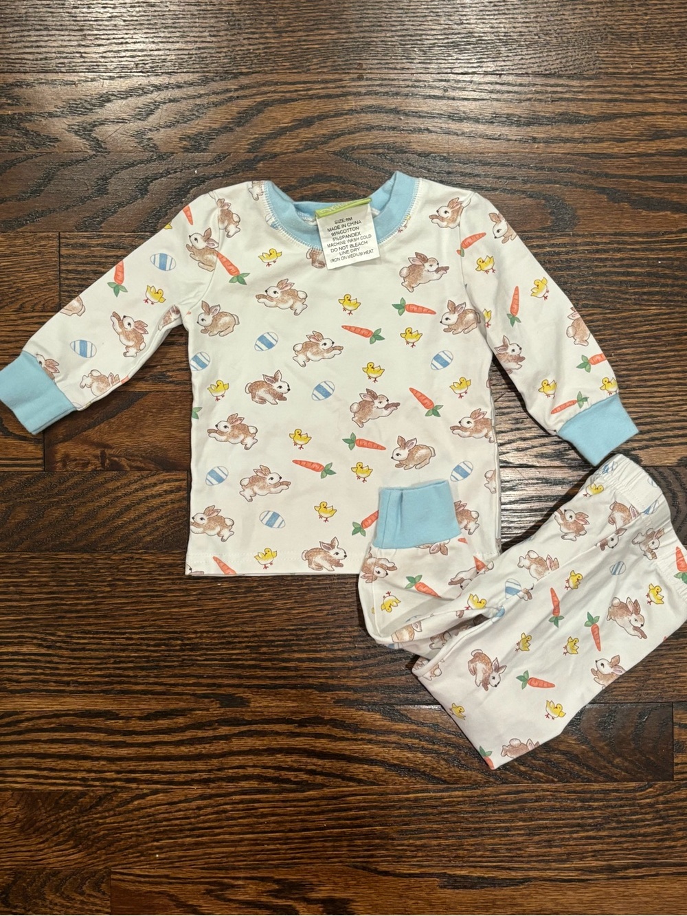 Classic whimsy Bunny & Carrot Pajama Set with Light Blue Trim